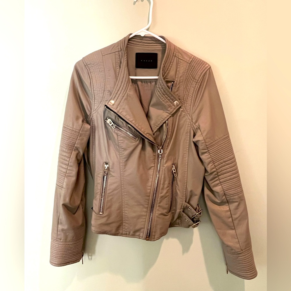 BLANK NYC light grey, faux leather Moto jacket with buckle detail. Size small.